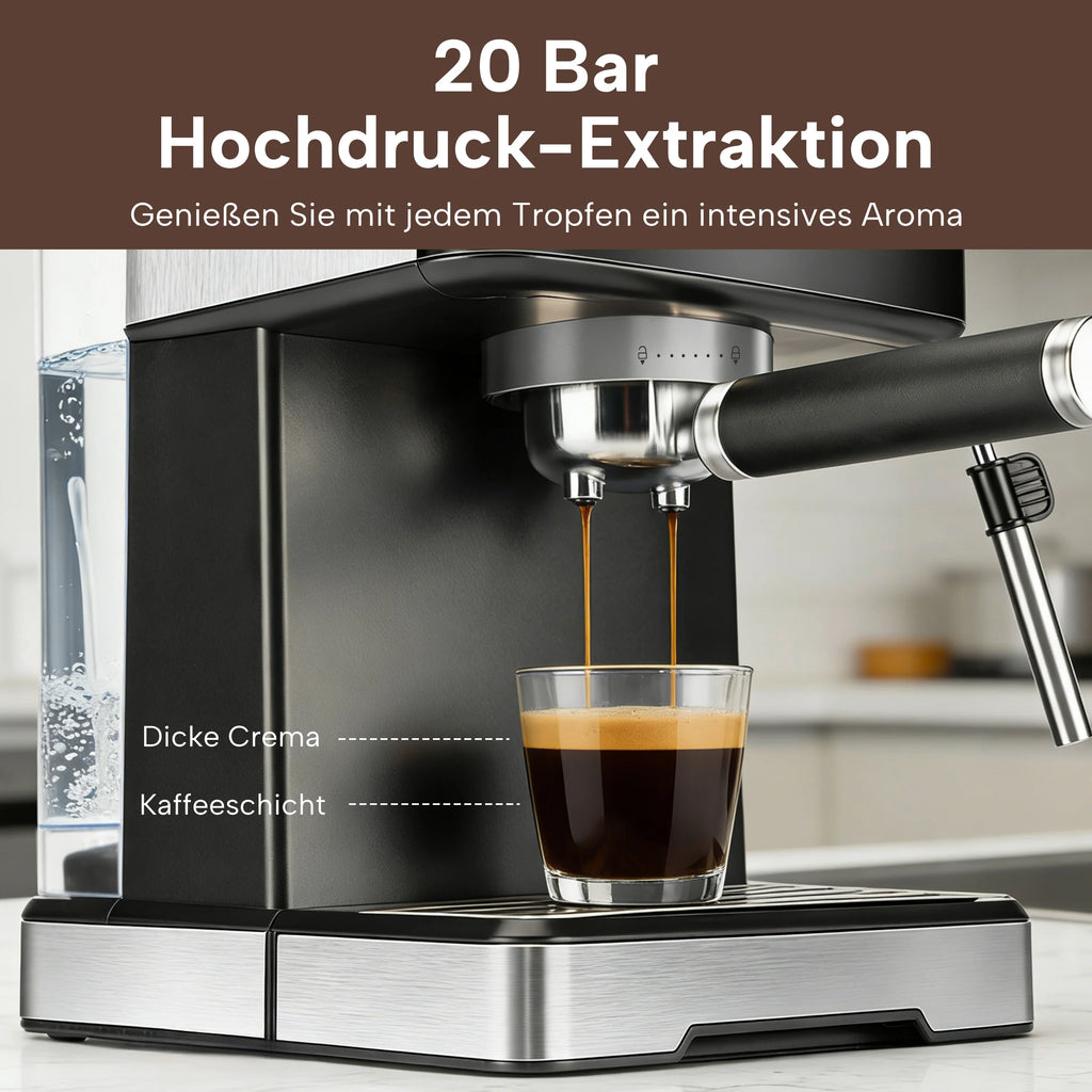 Black and silver 20-bar espresso machine brewing coffee into a glass with visible crema.