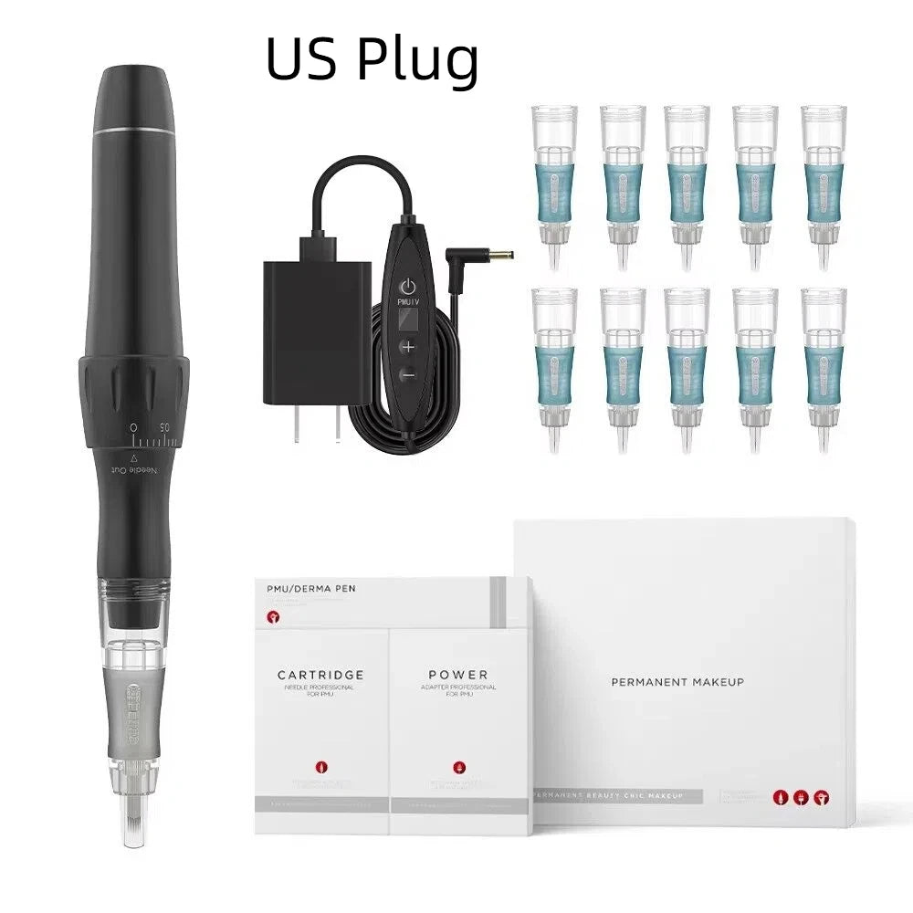 Grey PMU derma pen, US plug power cord, ten needle cartridges, and storage boxes for permanent makeup application.