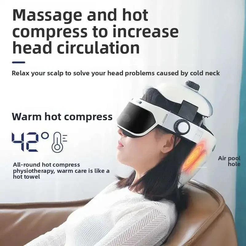 White head and eye massager helmet with 42C hot compress for scalp and neck therapy on a relaxed woman.