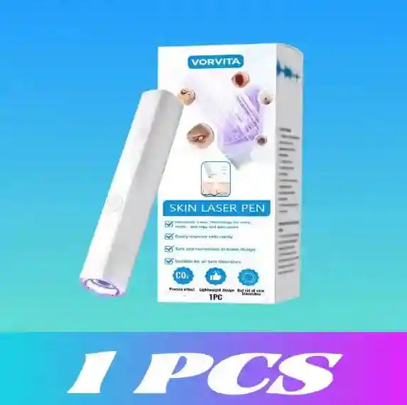White handheld skin laser pen for wart removal next to its branded product box featuring blue and white graphics.