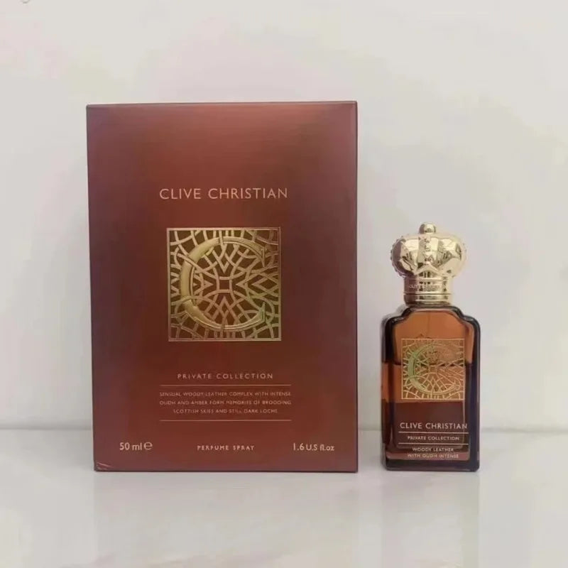 Woody Leather with Oudh Intense perfume in a 50ml rectangular glass bottle with a gold crown cap and matching box.