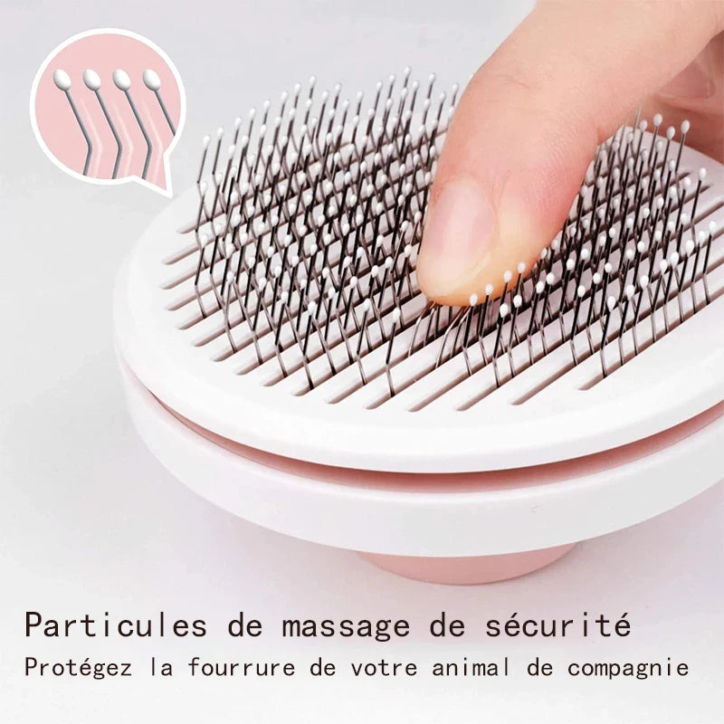 Self-cleaning slicker brush for dogs and cats with protective massage pins for gentle grooming and detangling pet hair.