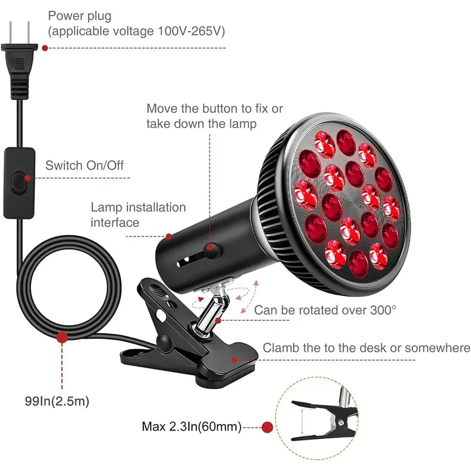 Red light therapy lamp with adjustable clip, 660nm & 850nm infrared bulbs for skin health and pain relief.