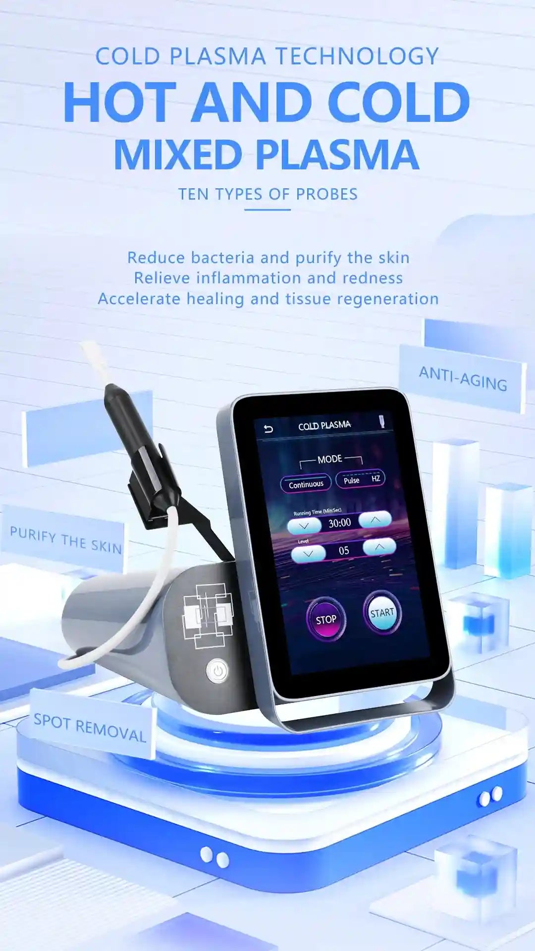6-in-1 cold plasma beauty device with touchscreen for deep skin cleaning, anti-aging, and spot removal treatment.