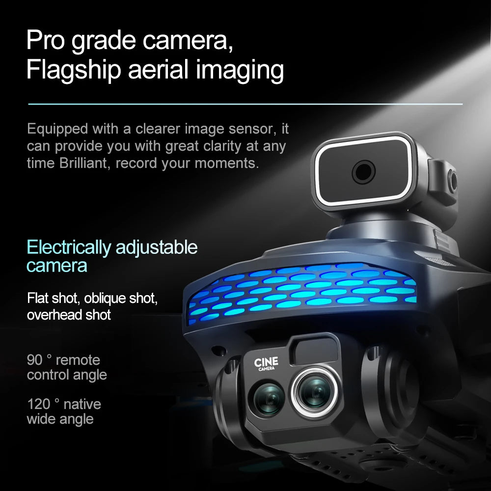 Black drone camera module with a blue light panel and adjustable lens for aerial photography.