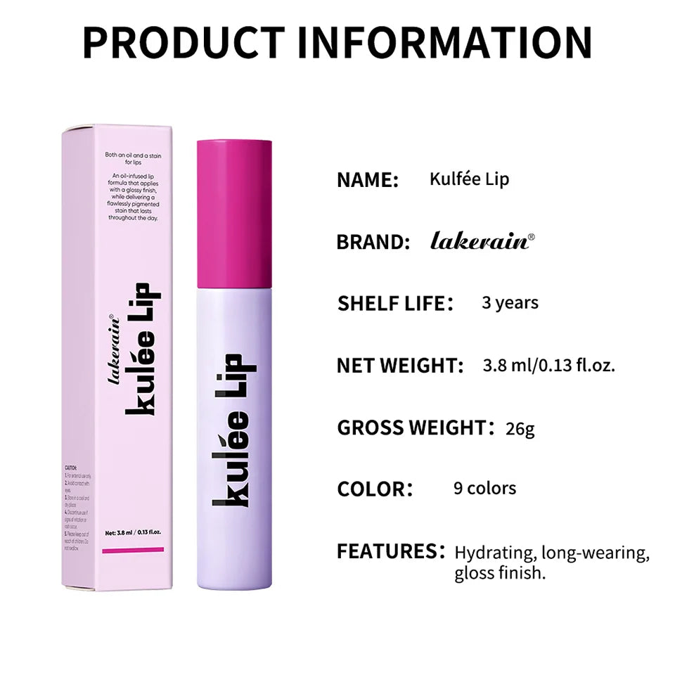 Lakerain Kulfée moisturizing lip oil stain with pink cap and lavender tube, non-sticky long-lasting glossy lip makeup.