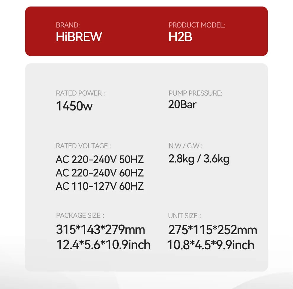 HiBREW H2B coffee machine specifications chart with 1450W power, 20-bar pump pressure, and compact dimensions.