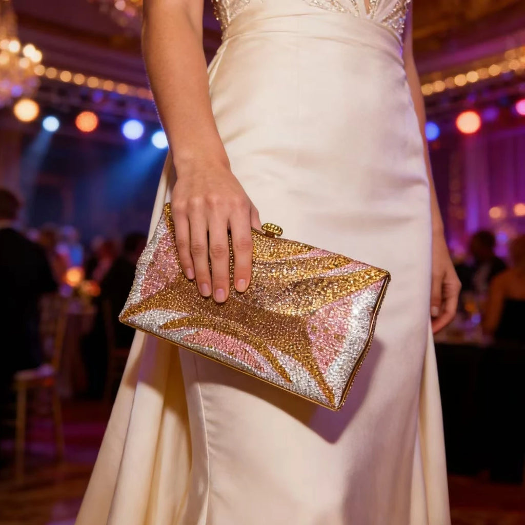 XIYUAN Lady Large Capacity Luxury Evening Bag Elegant Gold Rhinestone Handbag for Women Wedding Party Full Crystals Clutch Purse