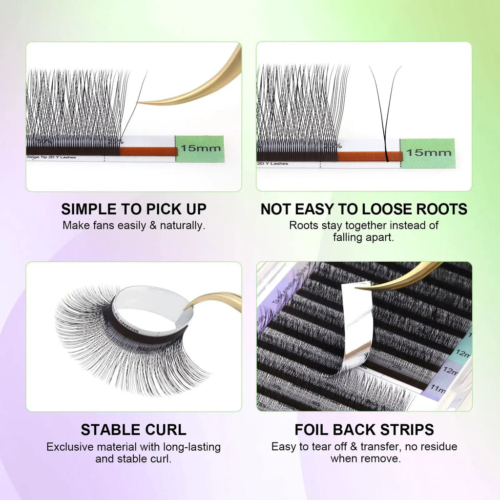 NAGARAKU YY 2D volume eyelash extensions on foil strips, featuring soft, stable 0.07mm black lashes for easy picking.
