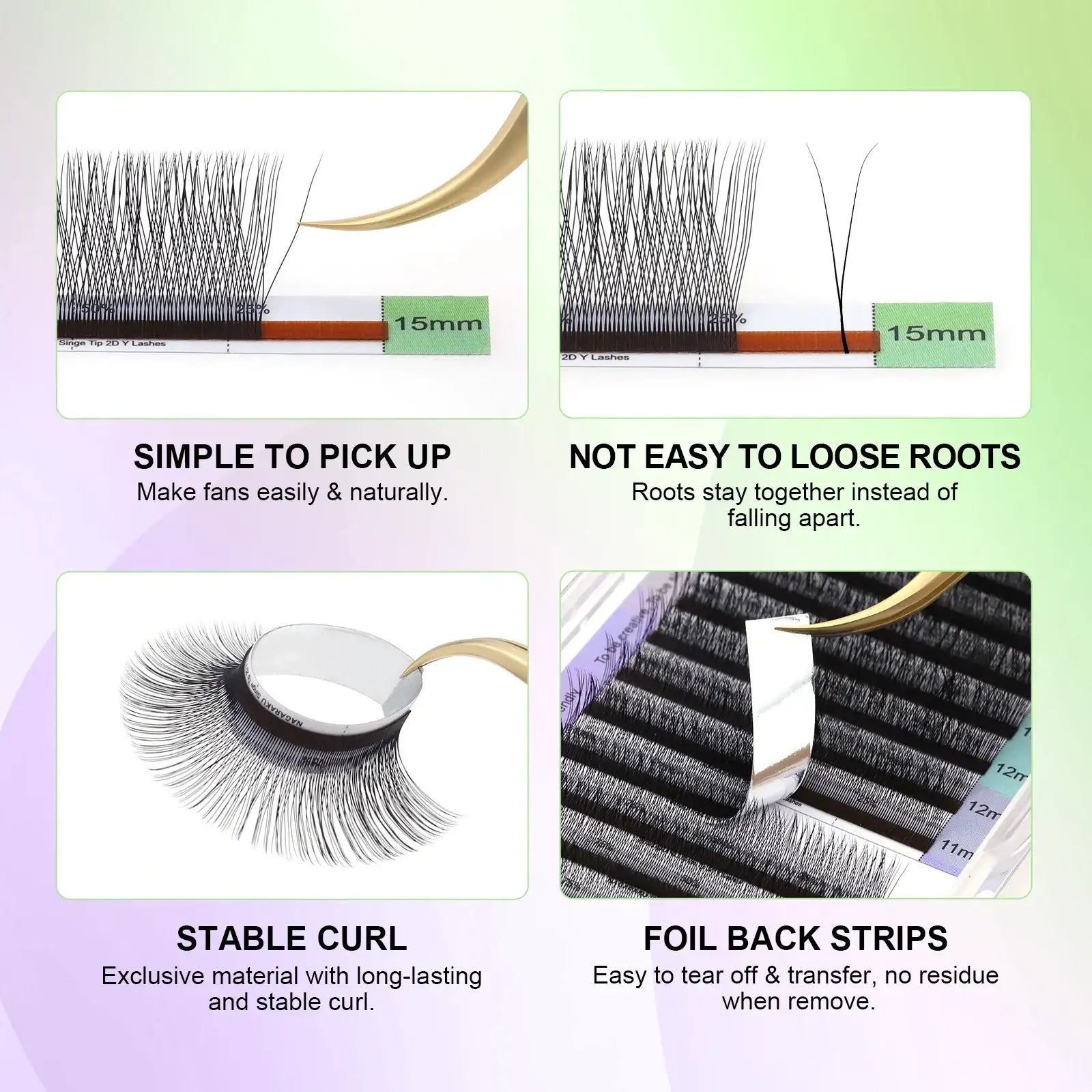 NAGARAKU YY 2D volume eyelash extensions on foil strips, featuring soft, stable 0.07mm black lashes for easy picking.