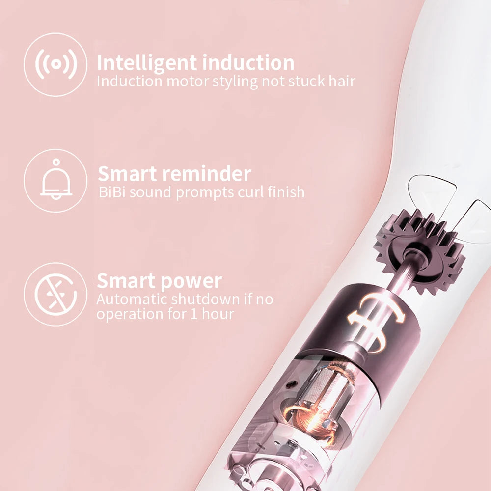 White portable automatic hair curler showing internal motor, induction styling, smart timer, and auto-shutoff features.