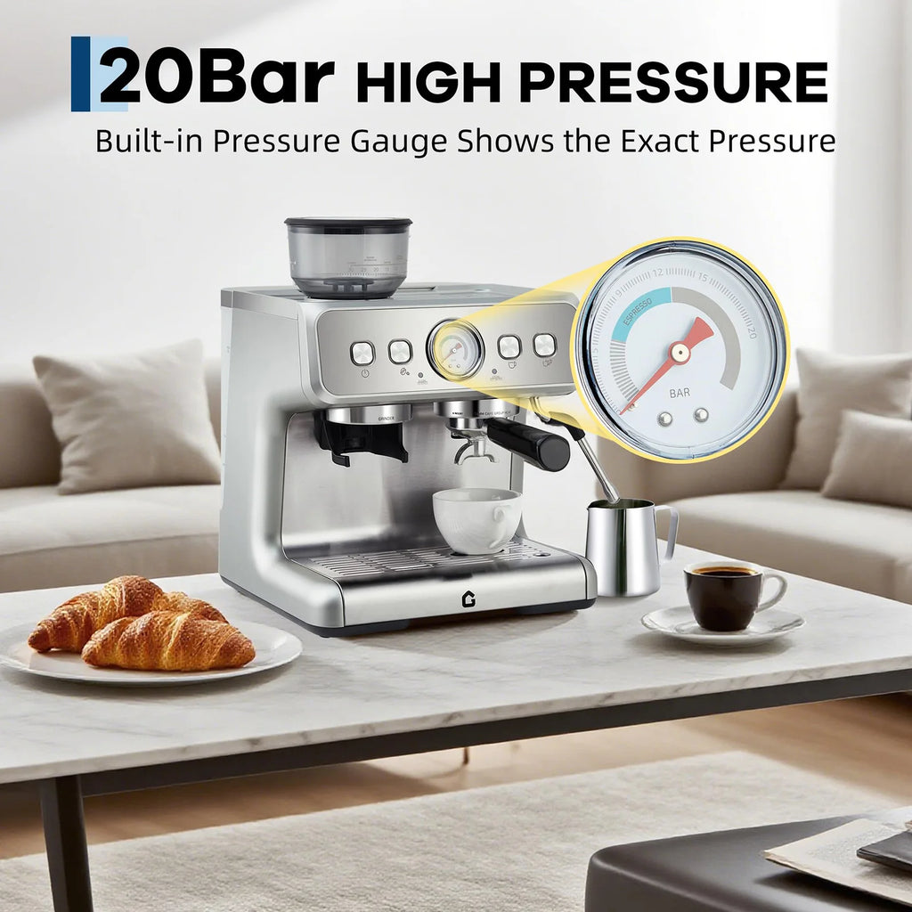 Silver 20-bar espresso machine with built-in pressure gauge and integrated bean grinder on a marble coffee table.