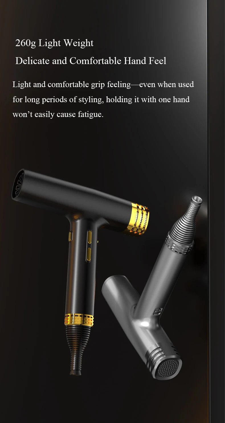 Lightweight 260g black hair dryer with gold accents and nozzle attachment for fast, quiet, salon-quality hair drying.