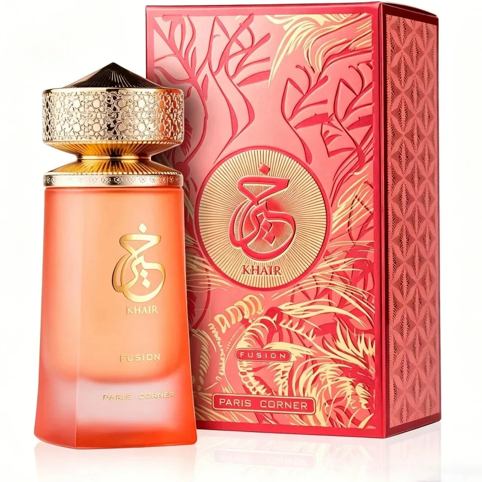 Paris Corner Khair Fusion EDP, unisex 100ml Arabian perfume in a sleek orange bottle with ornate gold cap and box.