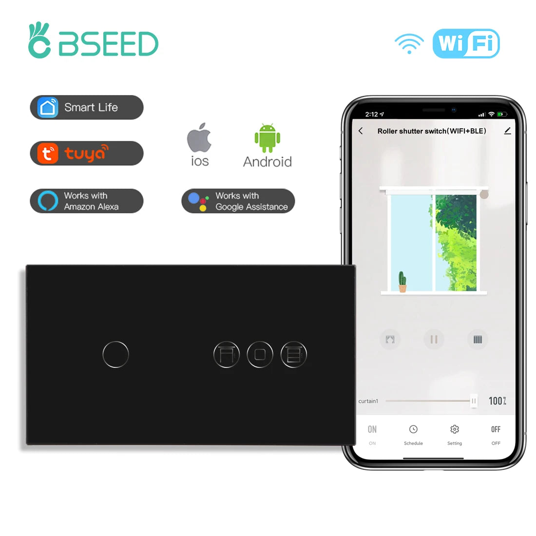 Tidesmit Smart WiFi Shutter Switch - App Controlled Roller Blind Timer Wifi 1Gang Black Tidesmit
