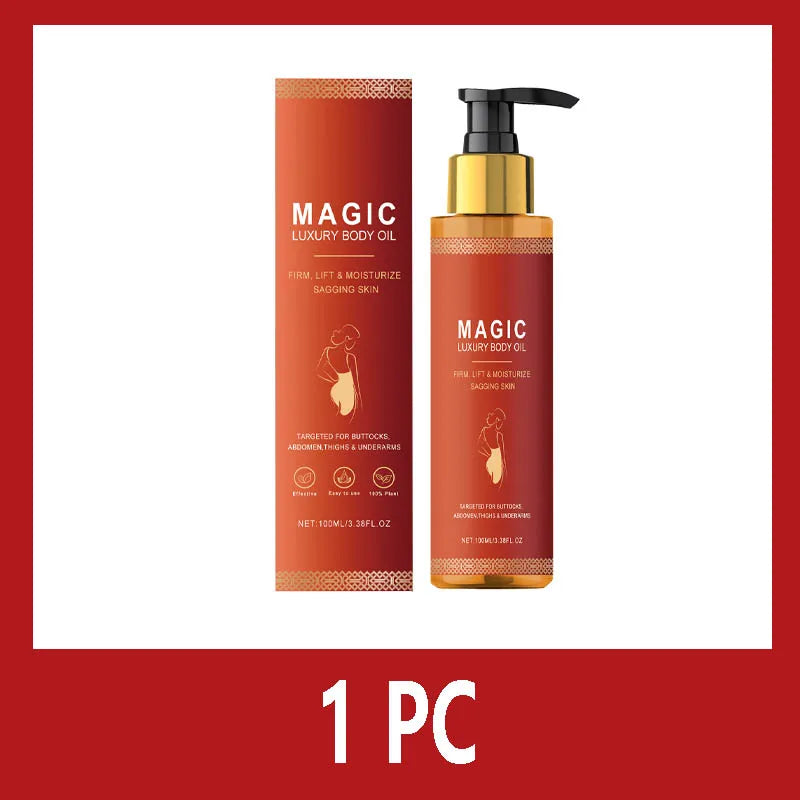 A pump-dispenser bottle and matching rectangular box of Magic Luxury Body Oil in orange with gold metallic accents.