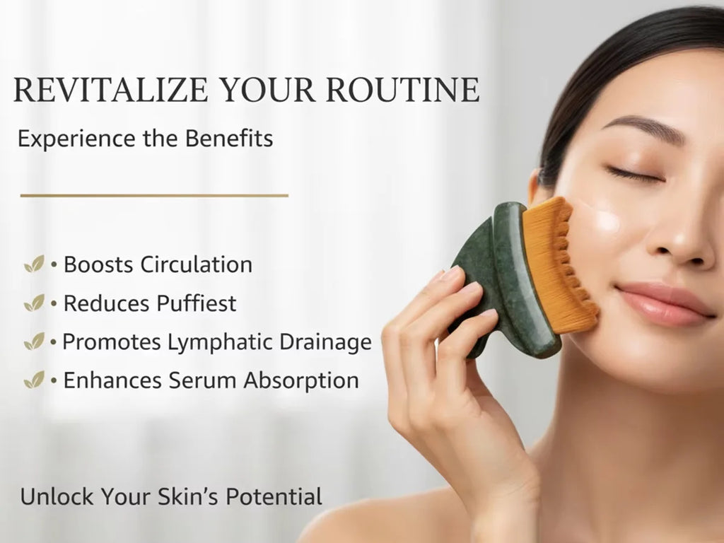 A woman using a dark green, crescent-shaped lymphatic contour face brush with soft, dense golden-brown bristles.