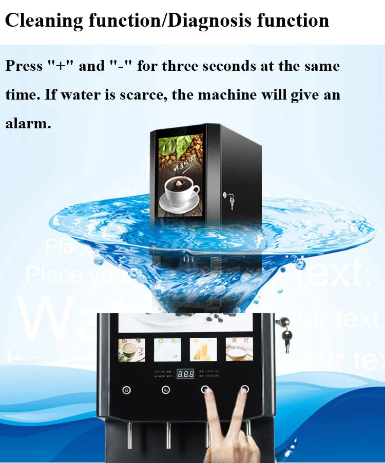 Black commercial coffee machine with digital touch screen, cup icons, and water-sensing self-cleaning function.