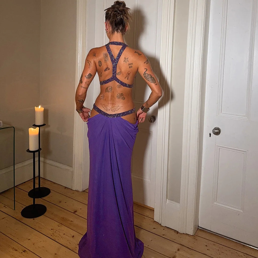 Sexy Women's Maxi Dress Halter Hollow Out Backless Sleeveless Ruched Evening Long Dresses Party Chic Robe Green Purple Summer