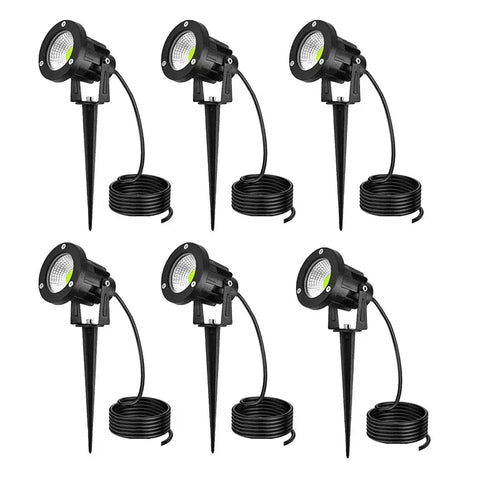 Set of black LED landscape spike spotlights with coiled cable and ground stakes
