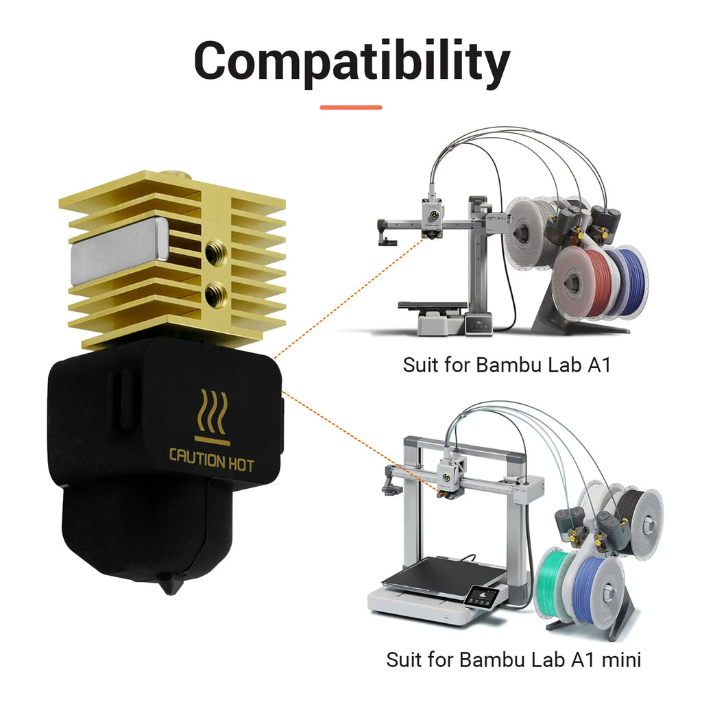 Gold and black 3D printer nozzle assembly compatible with Bambu Lab A1 and A1 Mini for improved printing performance.