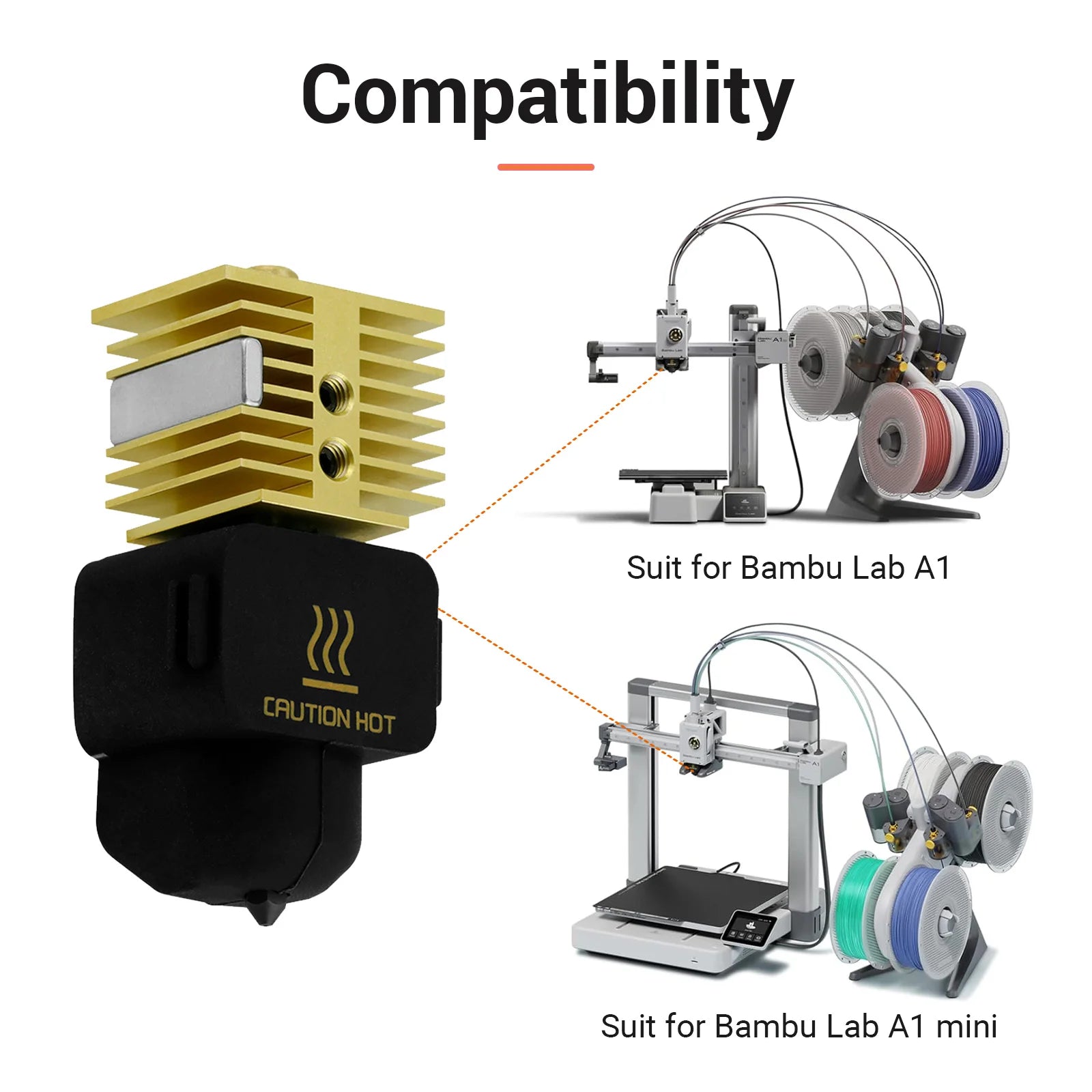 Gold and black 3D printer nozzle assembly compatible with Bambu Lab A1 and A1 Mini for improved printing performance.