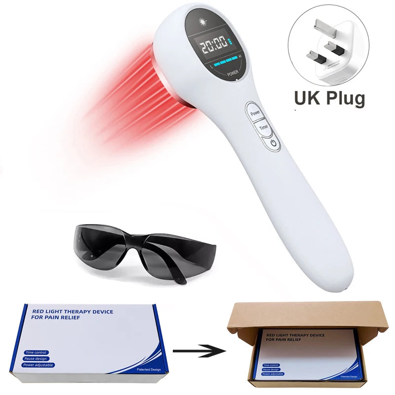 Hand-held cold laser red light therapy device with LCD timer, protective goggles, and UK plug for pain relief.