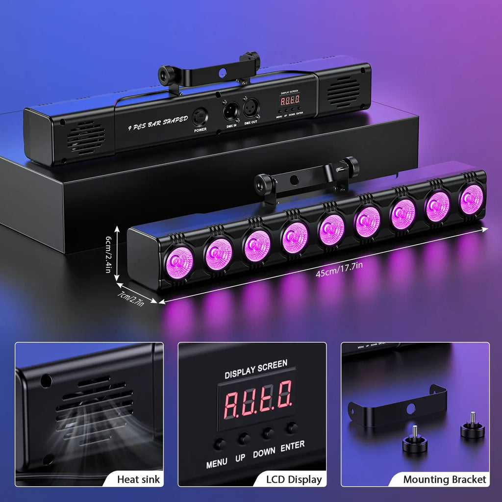 Black RGBW LED wall wash light bar with side controls, LCD display, and cooling vents