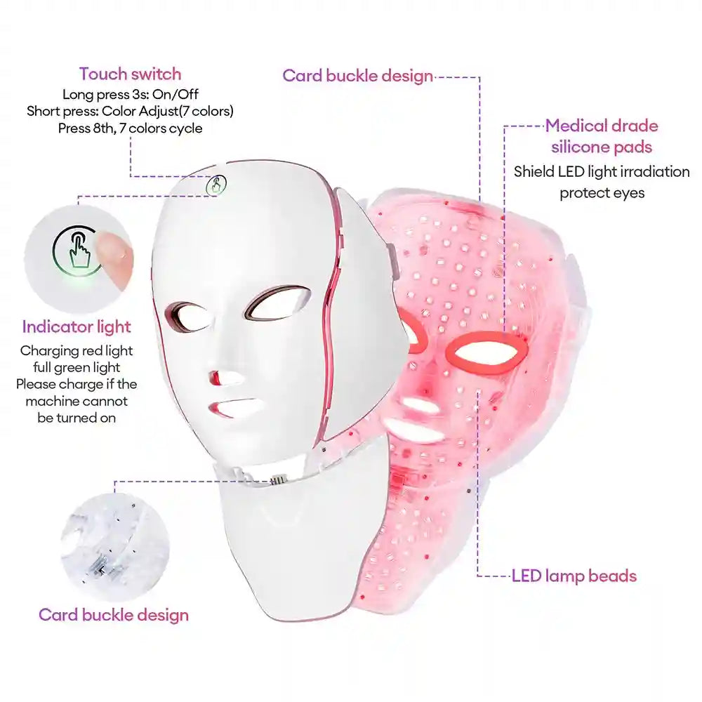 7 Color LED Facial Mask with Neck Light for Skin Rejuvenation Therapy Massage Cushion Tidesmit