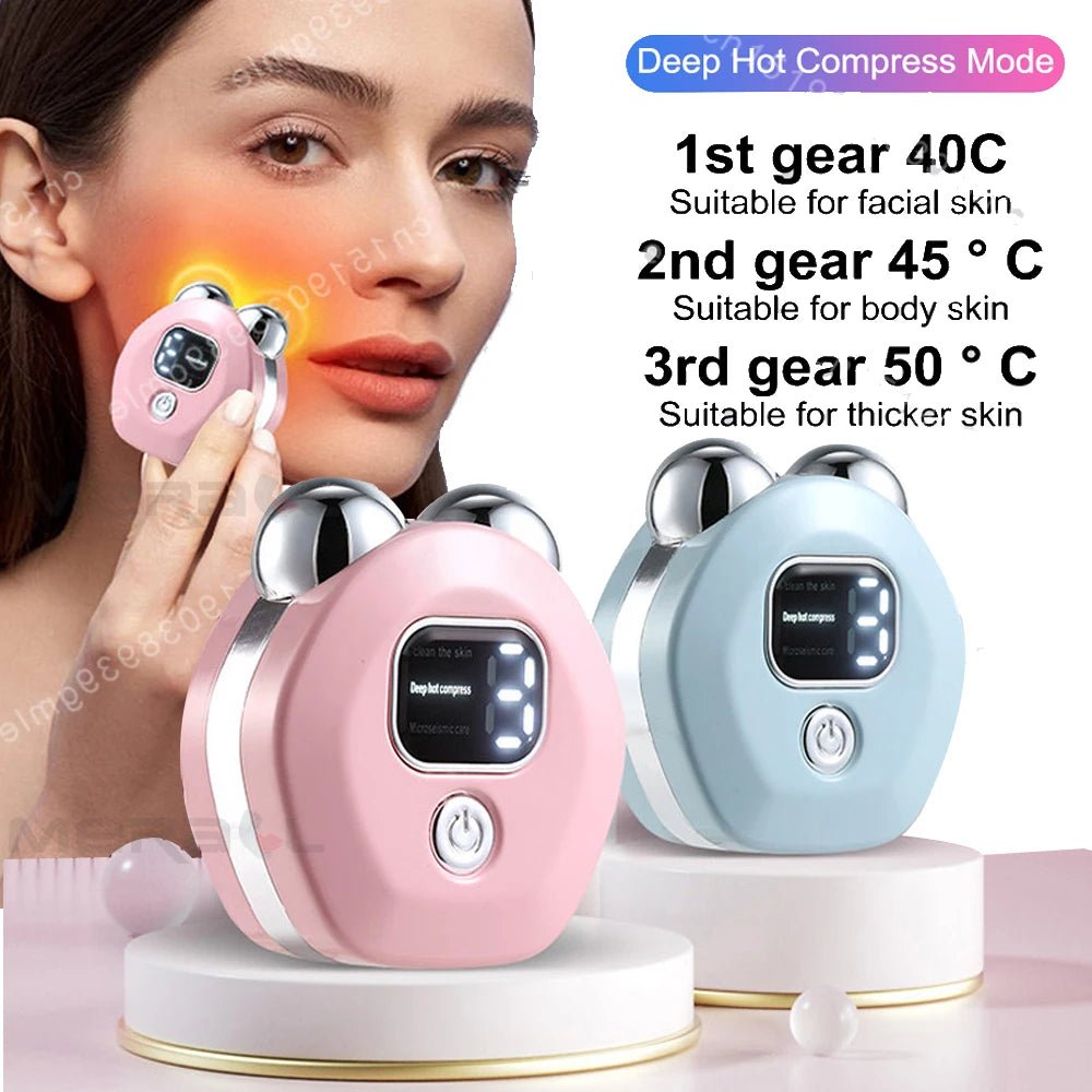 Pink and blue microcurrent facial massagers with metallic rollers and digital displays being used on a woman's cheek.
