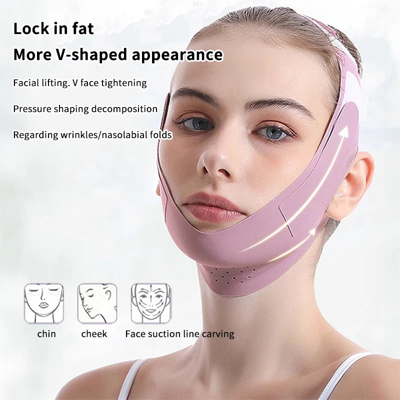 A woman wearing a mauve V-line face slimming bandage strap designed to lift the chin and cheeks.