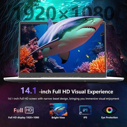Slim silver 14.1-inch laptop with a narrow-bezel Full HD screen displaying a shark in a vibrant underwater scene.