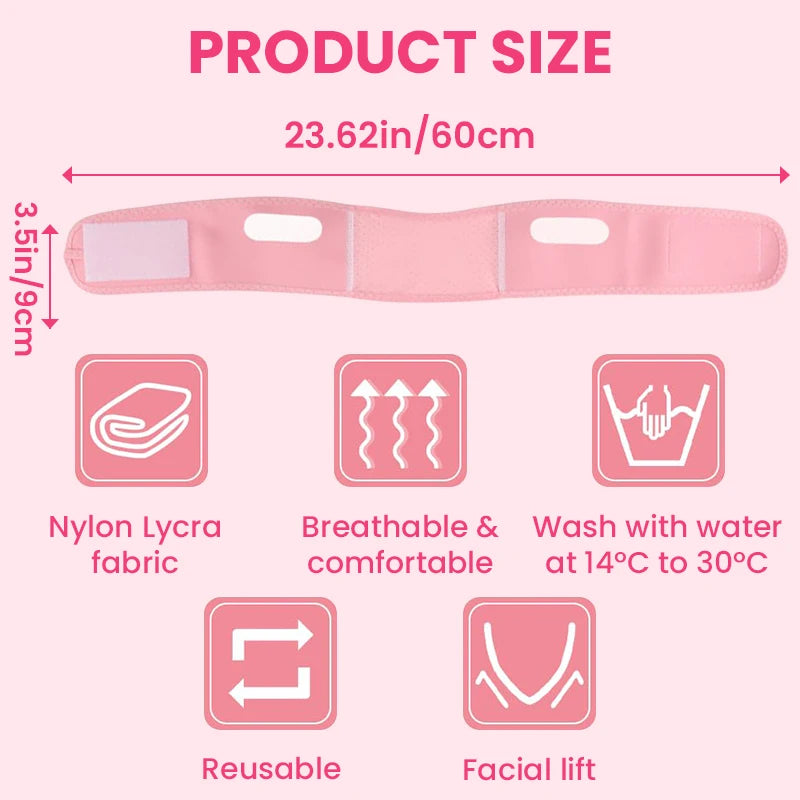 Pink, adjustable V-line facial slimming strap with size measurements and icons highlighting its key features.