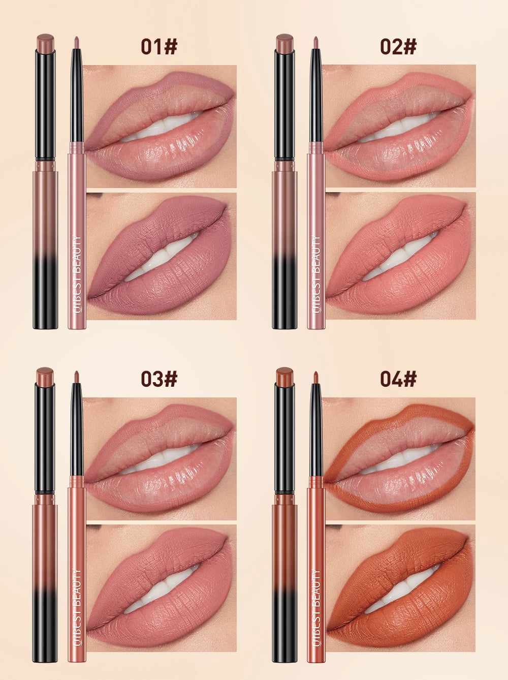 QIBEST 2-in-1 matte velvet lipstick and lip liner pencil set in 4 natural nude and earth-tone shades for contouring.
