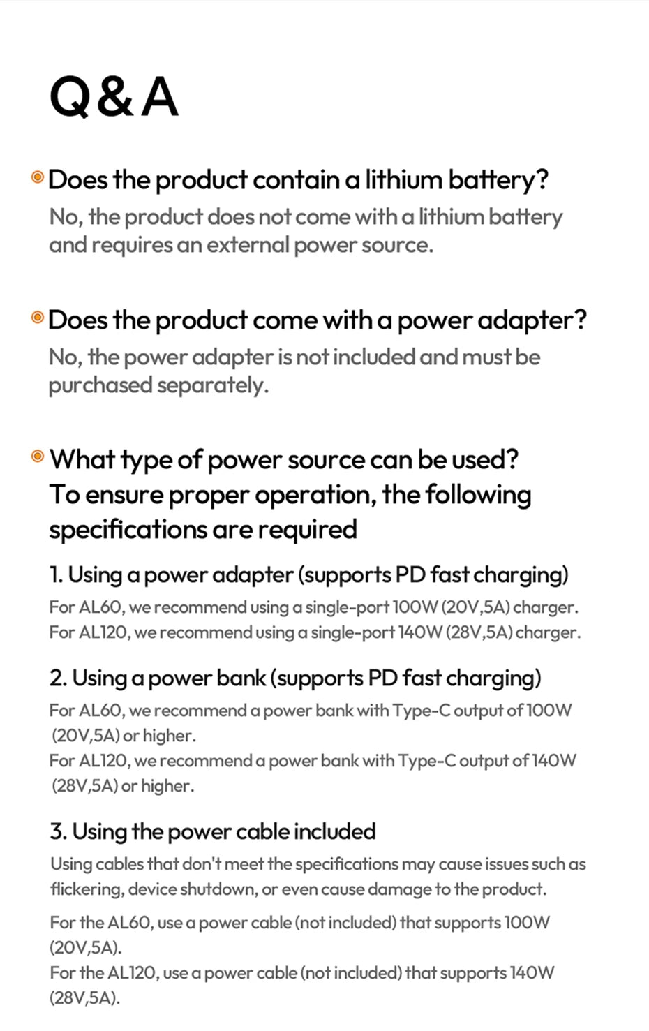 Q&A text detailing power requirements for AL60 and AL120 models, specifying PD fast charging and wattage needs.