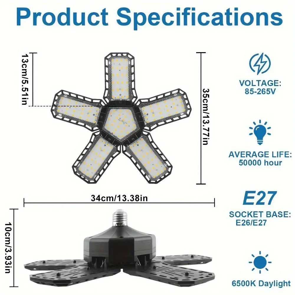 LED garage light with 5-panel cross head and E26/E27 socket base, size diagram
