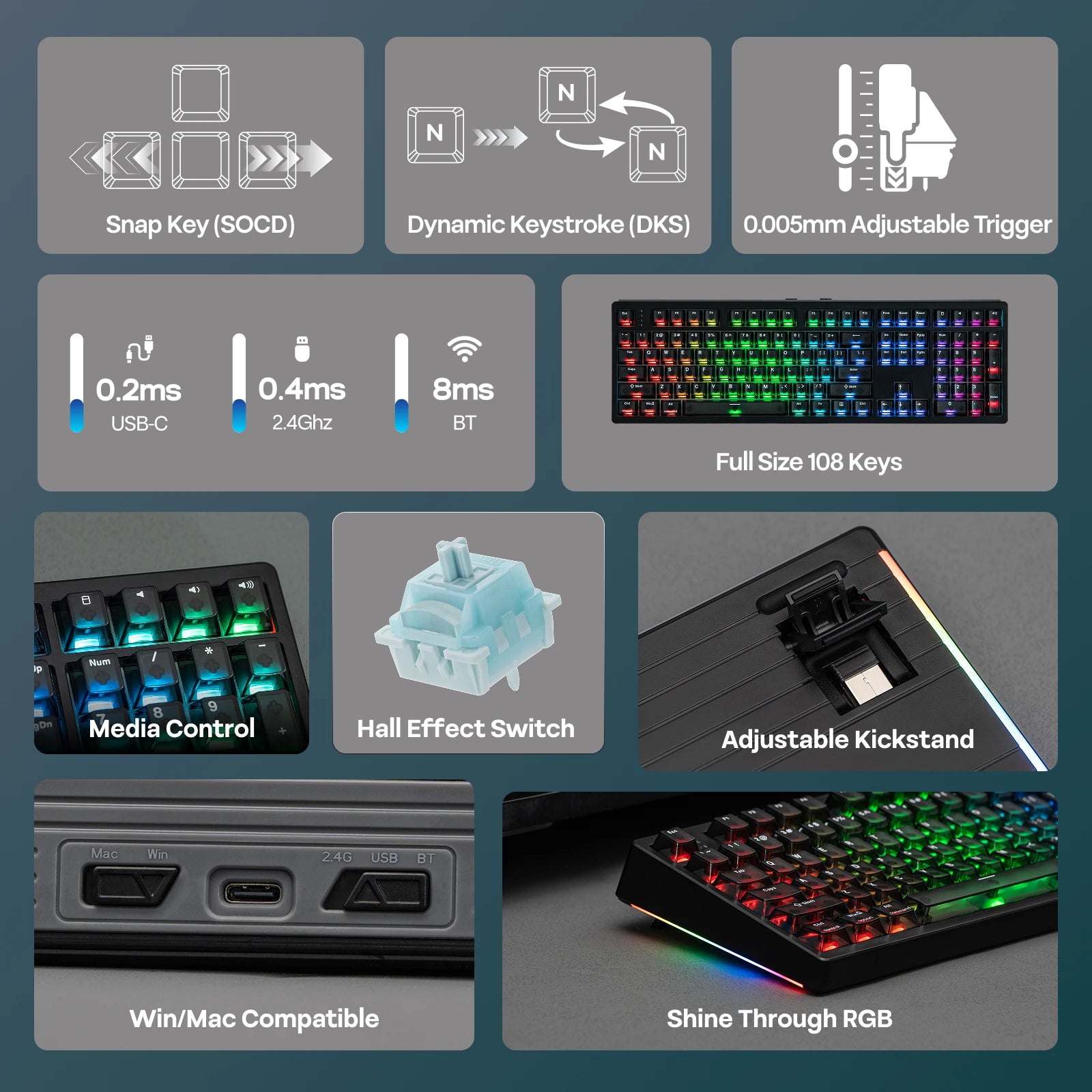 EPOMAKER HE108 100% ANSI US QWERTY Layout Wired/BT/2.4Ghz Wireless Hall Effect Mechanical Keyboard with SOCD/DKS & Rapid Trigger