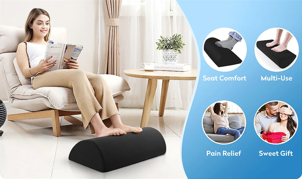 Black ergonomic memory foam foot rest under desk stool with washable cover for office, home, and car foot pain relief.