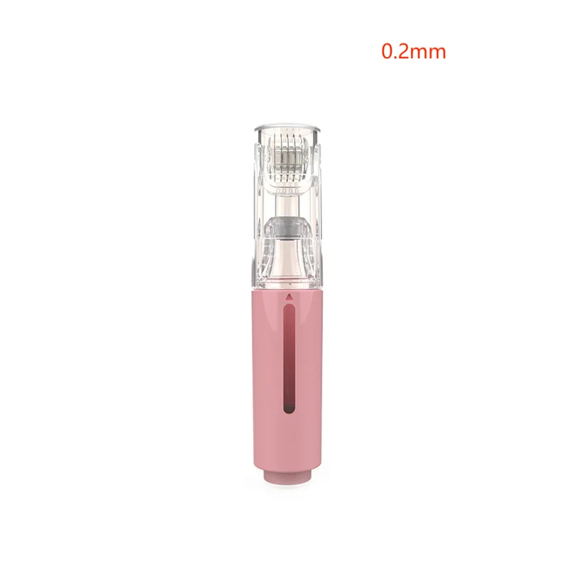 A vertical 0.2mm derma roller with a light pink handle and a clear, protective plastic cap covering the micro-needles.