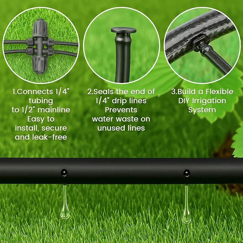 Dripline tubing connection points with T-couplers and water droplets on grass