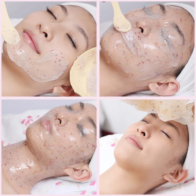 A woman applying a translucent, rose-petal-infused peel-off hydro jelly face mask with a spatula.