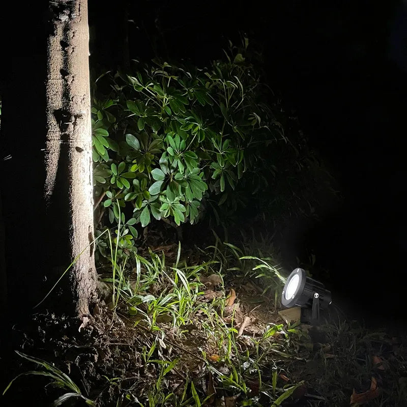 Outdoor LED spike light shining on low shrubs near a tree trunk, warm white