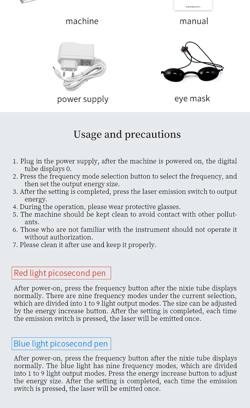 Picosecond laser pen kit with power supply, eye protection goggles, and manual for tattoo, scar, and acne removal.