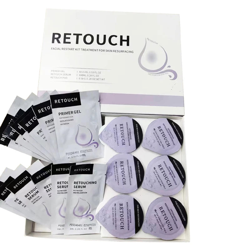 Retouch oxygen facial kit with serum, primer gel, and exfoliating pods for skin rejuvenation and oxygen spa treatment.