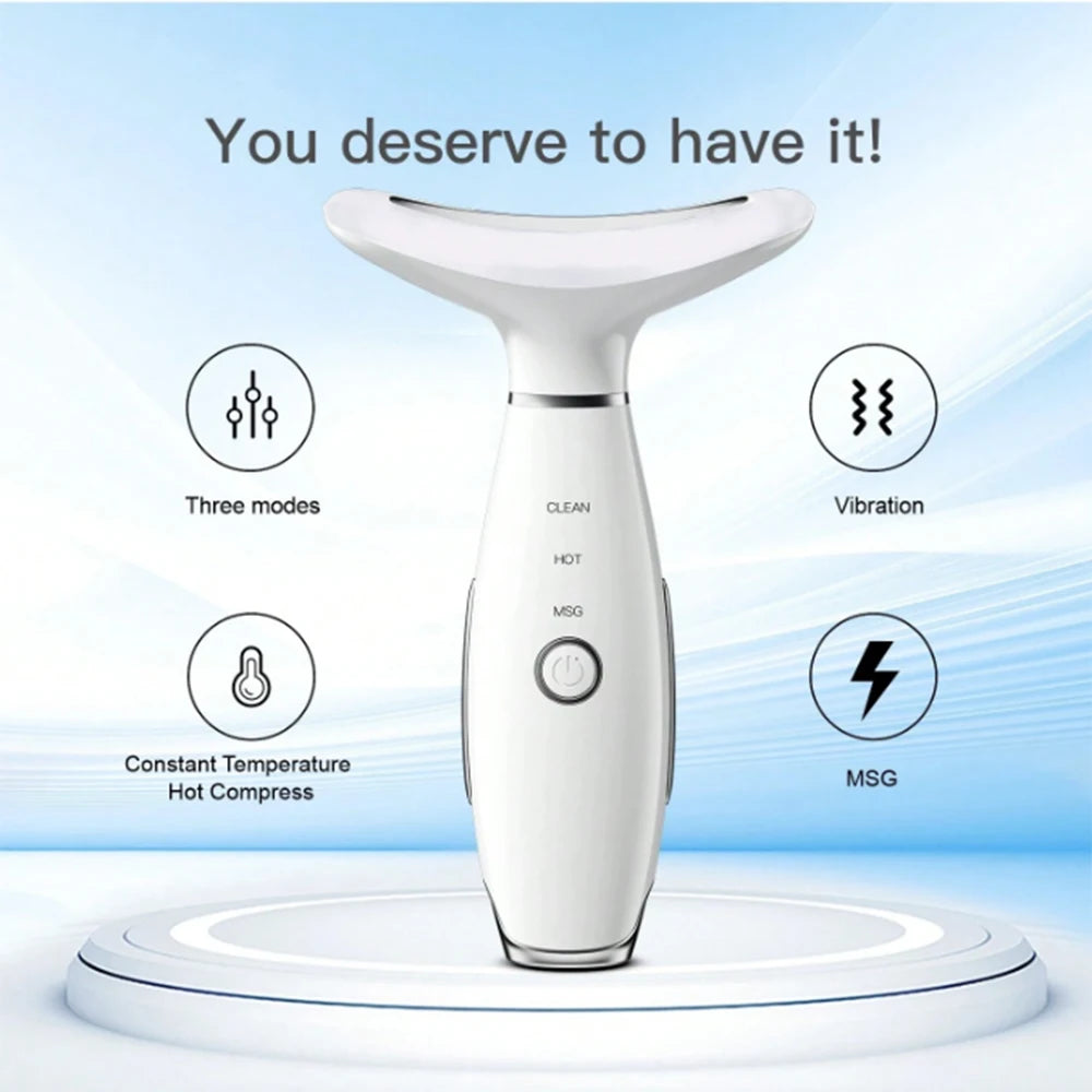 White, T-shaped neck and face beauty device on a circular pedestal, featuring mode labels and a power button.