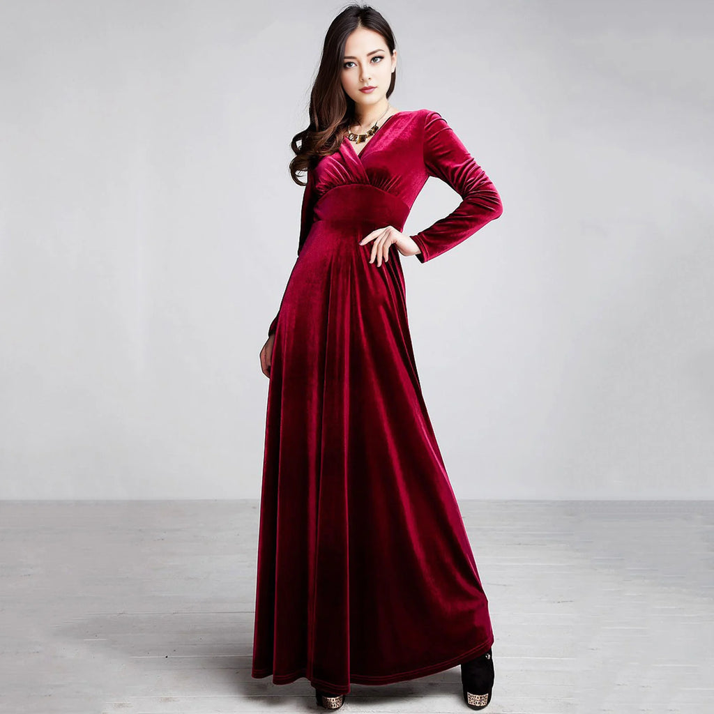 Vintage Women Autumn Long Sleeve V Neck Pleated Velvet Banquet Party Maxi Dress Party Wedding Elegant Evening dress 