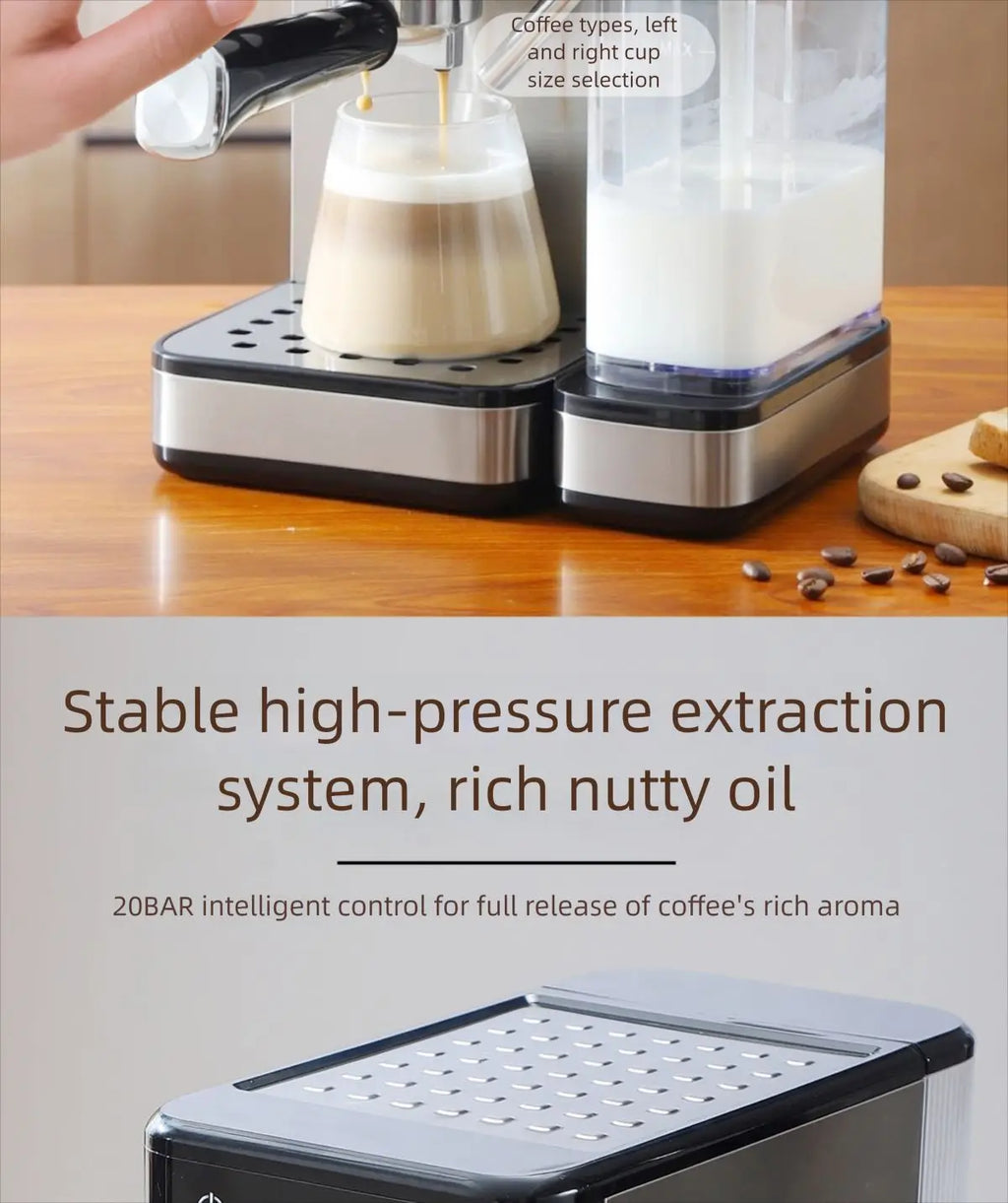 Silver and black 20-bar espresso machine with integrated milk frother dispensing coffee into a glass cup.