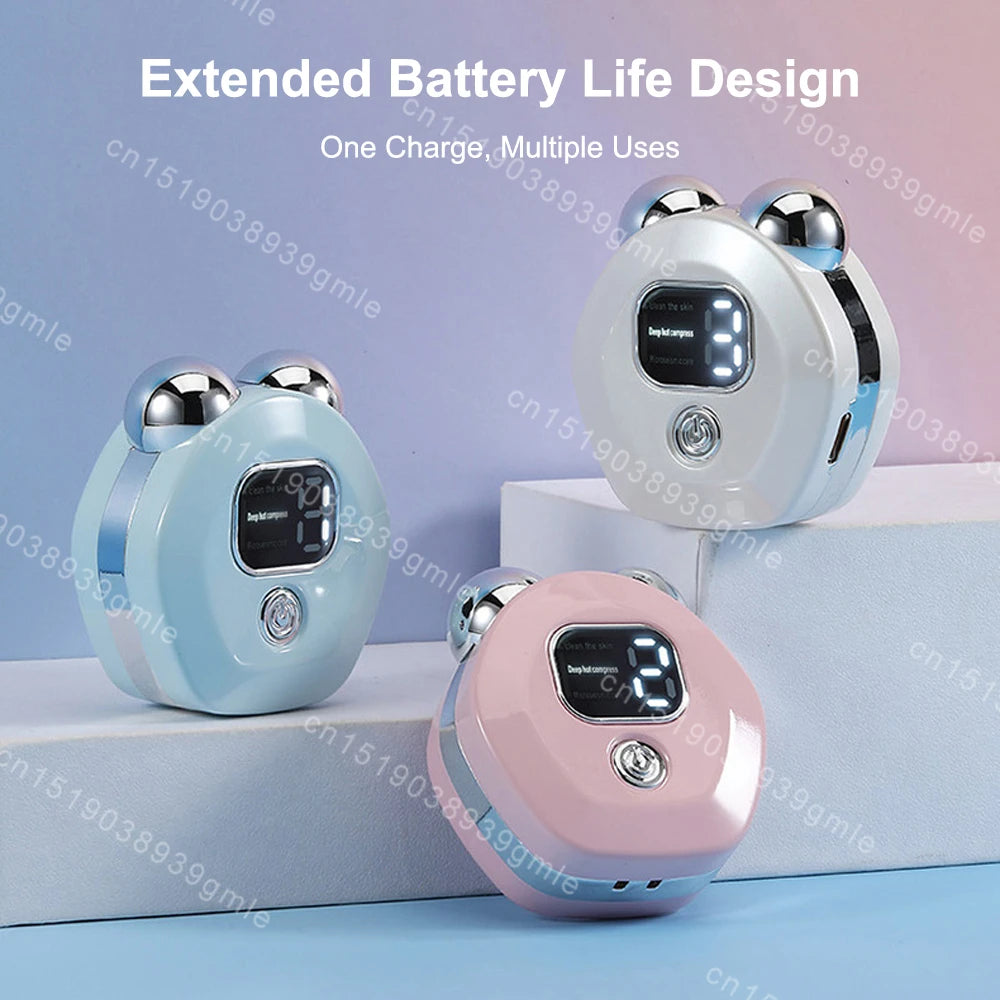 Three round, bear-shaped facial massagers in light blue, white, and pink, each with chrome rollers and a digital screen.