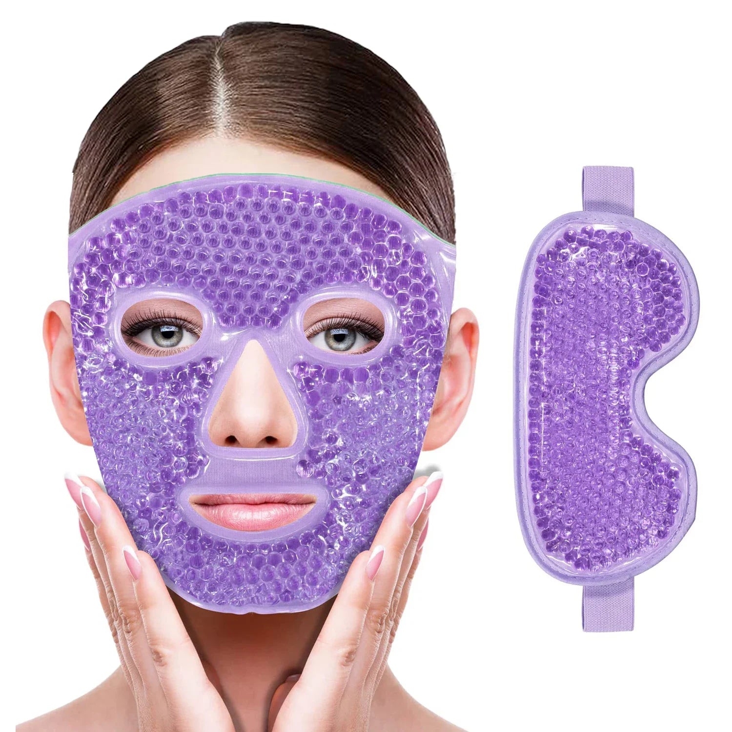 A woman wears a purple gel bead cooling face mask, with a matching purple gel eye mask shown separately to the right.