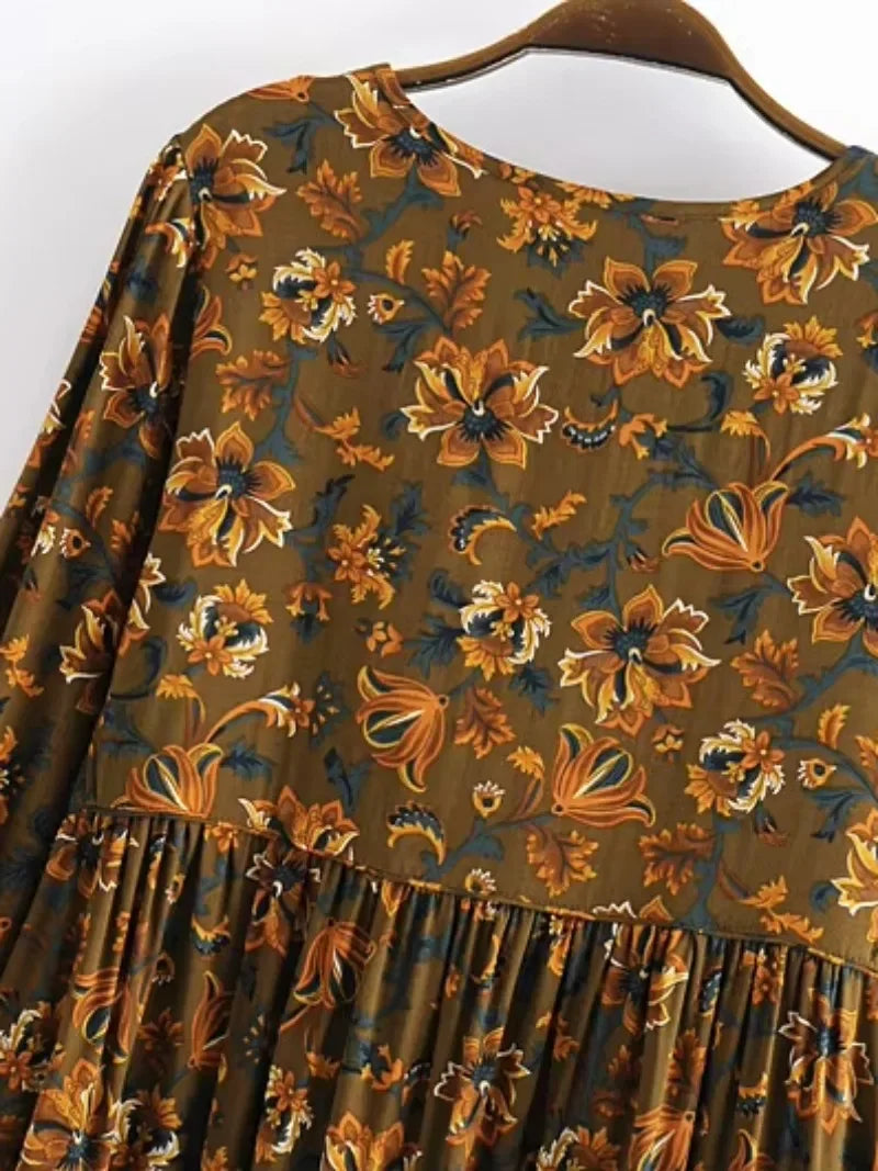 Boho Vintage women long sleeve ethnic Floral print beach Bohemian Maxi dress Ladies tie neck rayon cotton Summer sundress